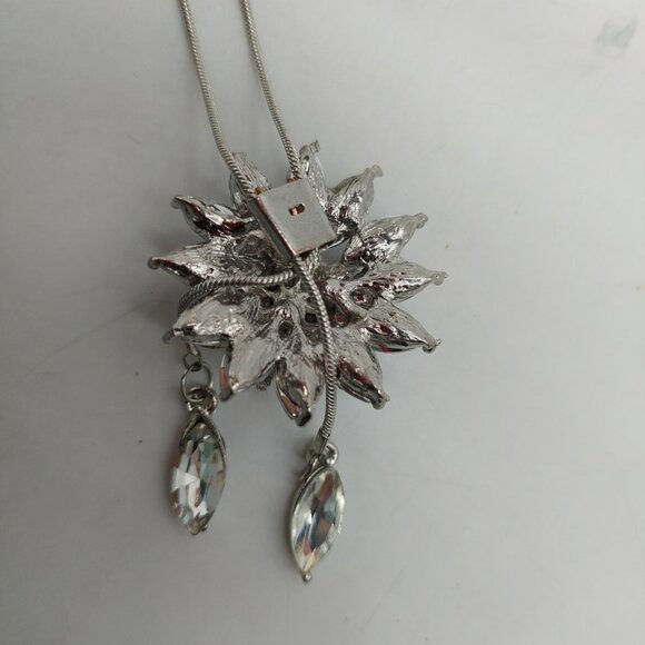 Clear Marquise Rhinestone Flower Silver Tone Lariat Slide Necklace Vintage - Picture 3 of 5